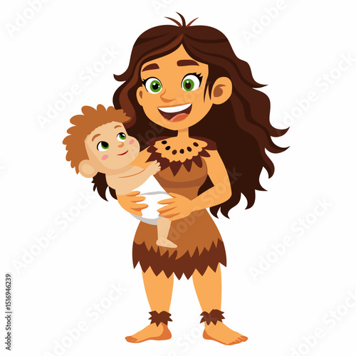 Cute primitive cave woman with a child. Prehistoric neanderthal woman character. Colorful isolated vector illustration on white background