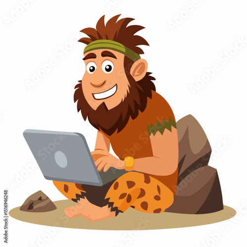 Primitive caveman using a laptop. Funny Stone Age man with beard works on compute Prehistoric neanderthal character. Colorful vector illustration on white background