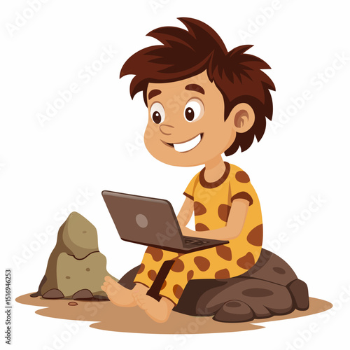Primitive caveman boy using a laptop. Funny Stone Age man works on compute. Prehistoric neanderthal character. Colorful vector illustration on white background