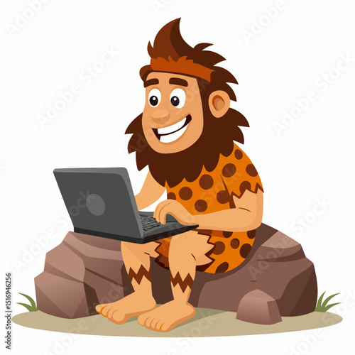 Primitive Caveman using a laptop. Funny Stone Age man with beard works on compute Prehistoric neanderthal character. Colorful vector illustration on white background