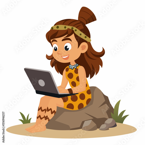 Primitive  cavewoman girl using a laptop. Funny Stone Age woman works on compute. Prehistoric neanderthal character. Colorful vector illustration on white background	