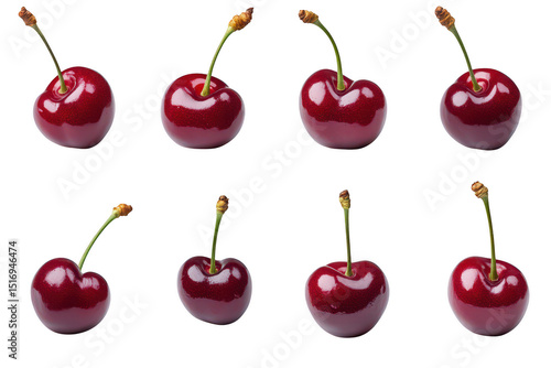 Fresh eight shiny red cherries isolated on transparent background