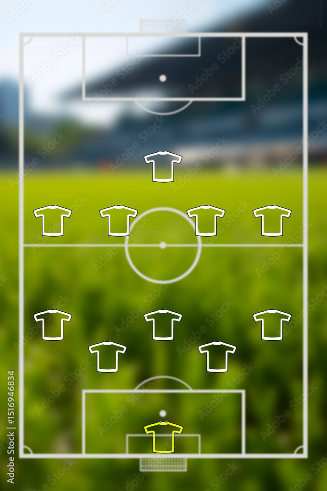 Football game formation with green field background inside stadium. Team play and strategy Football game formation with green field background inside stadium. Team play and strategy