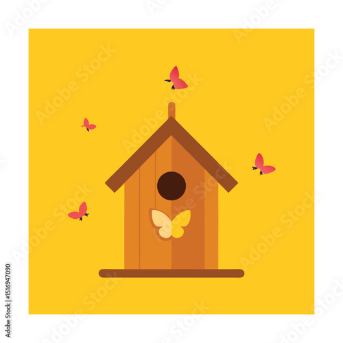 Birdhouse with Butterflies Circling Above