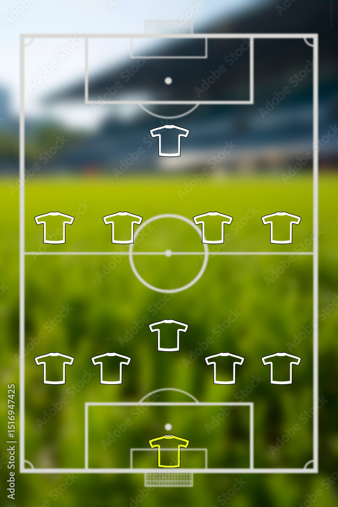 Obraz premium Football game formation with green field background inside stadium. Team play and strategy