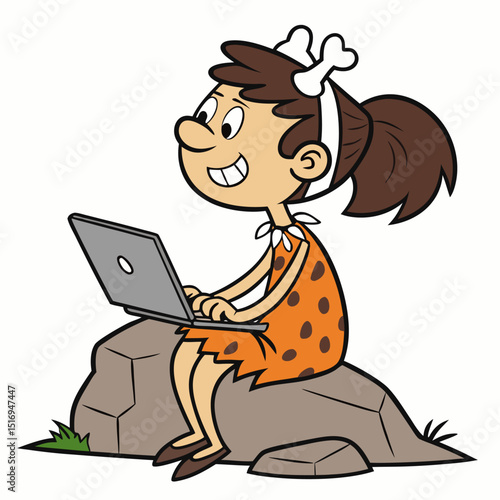 Primitive cavewoman girl using a laptop. Funny Stone Age woman works on compute. Prehistoric neanderthal character.Colorful vector illustration on white	