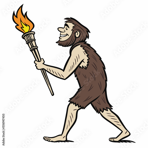 Primitive Caveman holding up a torch. Prehistoric neanderthal character. Colorful isolated vector illustration on white background
