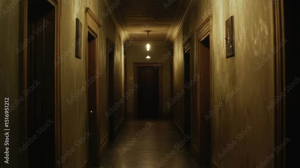 Dark hallway with old doors and dim lighting. Long corridor interior with wooden floor and aged walls. Spooky hallway perfect for horror film or thriller movie. Dark hallway with old doors and dim lighting. Long corridor interior with wooden floor and aged walls. Spooky hallway perfect for horror film or thriller movie.