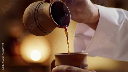 Close Up of Brown Liquid Being Poured from Pottery Jug into a Matching Cup with Warm Background Lighting and a Person in White Clothing