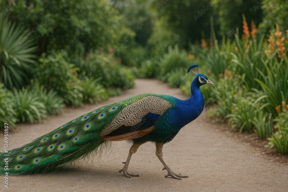 Fototapeta premium Elegant peacock strolls through a lush garden path under the warm sunlight showcasing its vibrant plumage