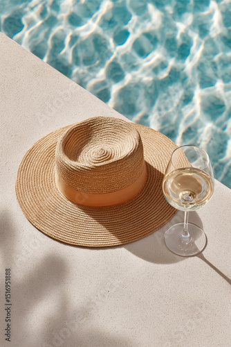A stylish straw hat and glass of white wine beside a shimmering pool