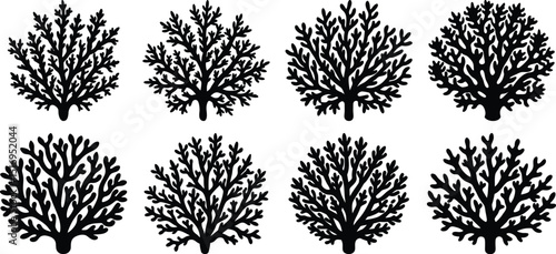 set of silhouettes of coral white background