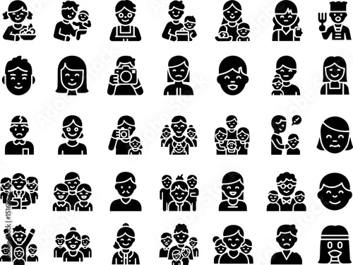 Family icons set people parents children group silhouette