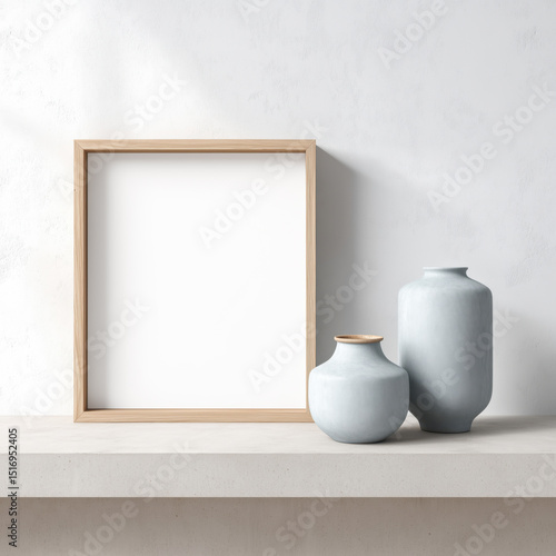 Wooden frames mockup with blue ceramic vases on a stone shelf in a minimalist interior setting