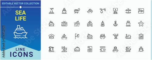Sea Life line icon set. Contains such icons as sea, ocean, ship, nautical, shipping, port and more. Marine icon set. Modern thin line style icons. Editable stroke vector art.