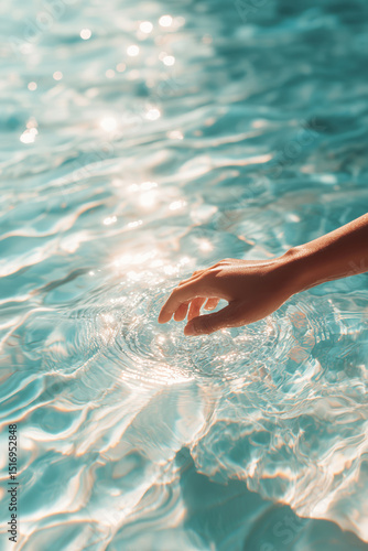 A gentle hand reaches into shimmering turquoise water
