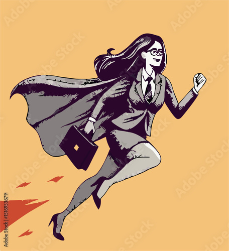 Superwoman Businesswoman Running Fast, Superhero Cape