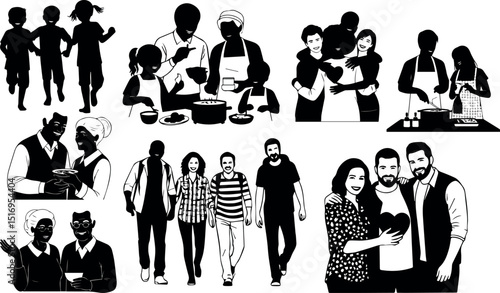 Black silhouettes of families and friends cooking and enjoying life together