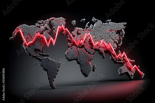 Global economic downturn depicted with a world map, red lines, and charts showing a decline in global market values, representing the current market struggles.