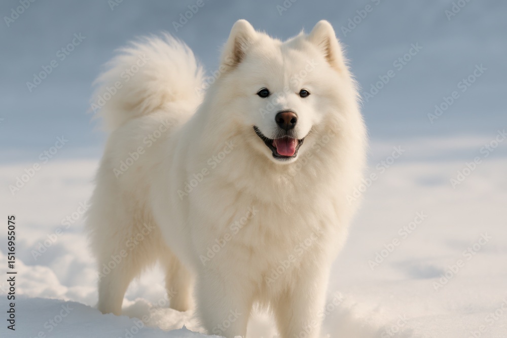 Fototapeta premium Fluffy samoyed dog enjoys playful winter morning in soft white snow under a bright blue sky