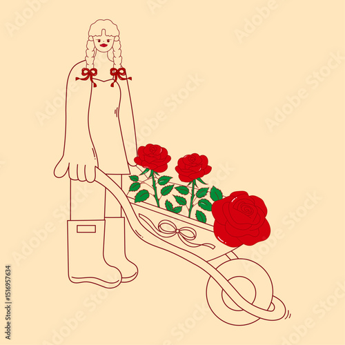 female gardener pushing wheelbarrow with roses