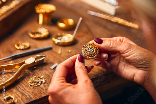 Artisan hands crafting fine gold jewelry using detailed tools in workshop