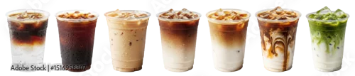Obraz iced coffee types in a plastic cup: iced espresso tonic, americano, oat milk latte, caramel latte, matcha latte