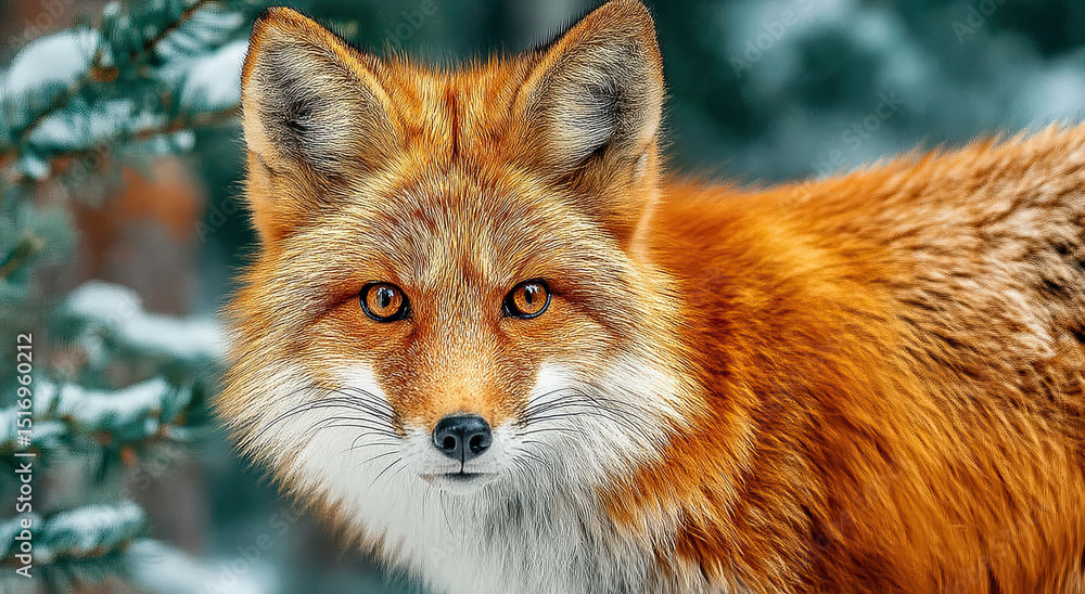Fototapeta premium Close-Up Portrait of a Red Fox in a Snowy Forest, Symbolizing Wildlife Conservation and the Beauty of Nature Photography