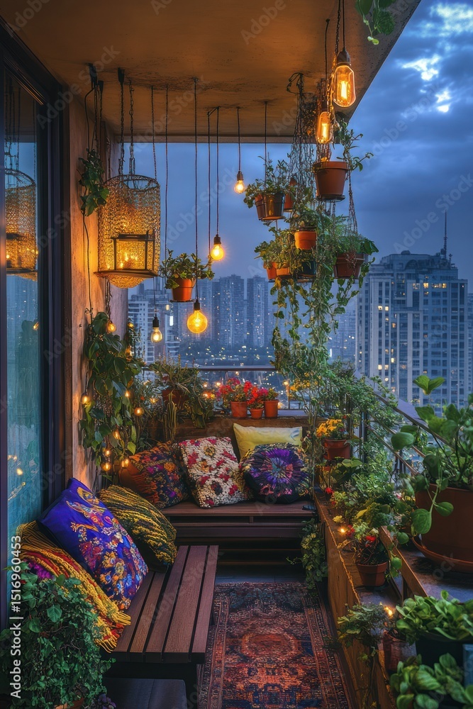 Fototapeta premium Cozy balcony, city view at dusk. Hanging lanterns, plants, and cushions create a warm, inviting atmosphere