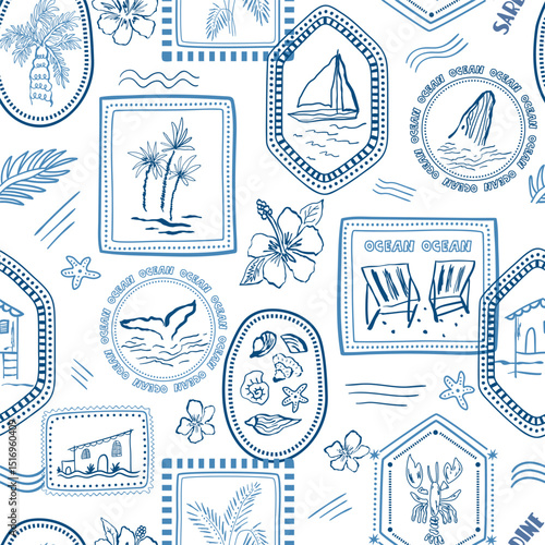 Blue summer vacation seamless pattern. Vector sea travel stamps wallpaper. Sailboat, beach house, ocean vibe, palms, whale, hibiscus flower. Hand drawn textile design, repeat background, fabric, print