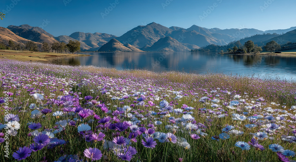 Obraz premium Field of Purple and White Flowers by a Lake With Mountains, Representing Natural Beauty and Environmental Conservation for Destination Marketing