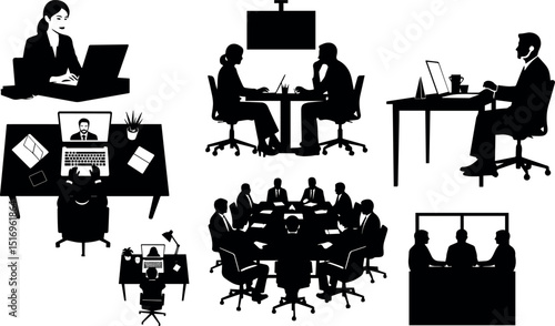 Business people working remotely and in office meetings silhouettes
