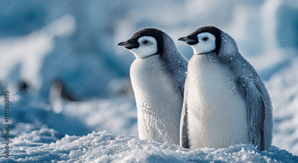 Obraz premium Two Emperor Penguin Chicks Standing on Ice, Representing Wildlife Conservation and Environmental Awareness in Antarctica