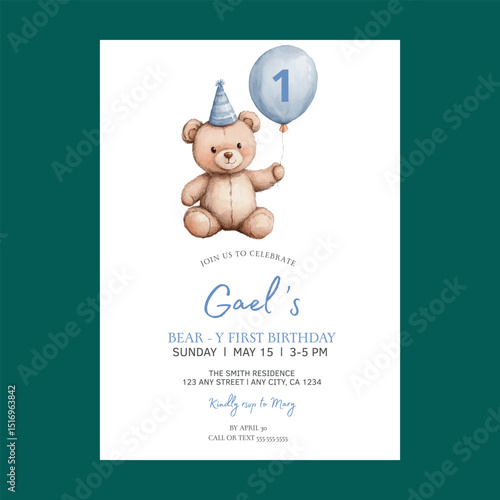 Teddy Bear Balloon First Birthday Invitation