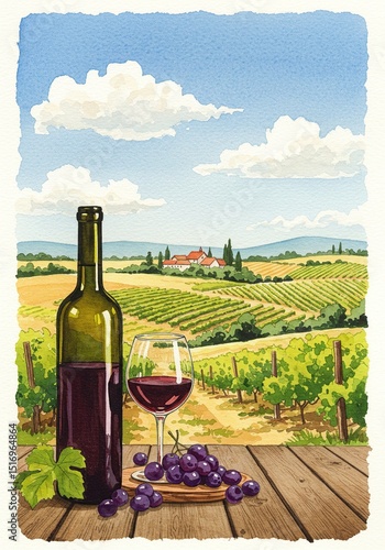 Watercolor Painting of a Tuscan Vineyard with Wine Bottle and Grapes - Idyllic Scene for Wine Tourism and Culinary Themes.