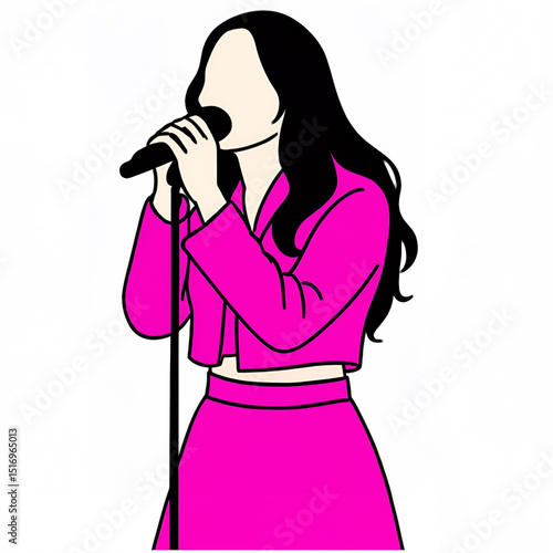 Eye-catching flat vector of a female pop singer in a pink cropped jacket and skirt passionately singing into a microphone. Ideal for digital content about pop music, entertainment, or stage vibes.