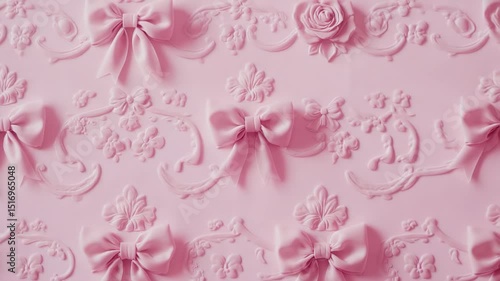 Pink embossed florals and bows on soft background.
