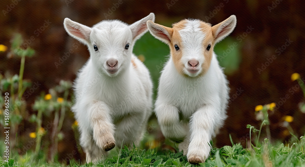 Two Baby Goats Running Through Green Grass, Symbolizing Youthful Energy and Farm Animal Care Two Baby Goats Running Through Green Grass, Symbolizing Youthful Energy and Farm Animal Care