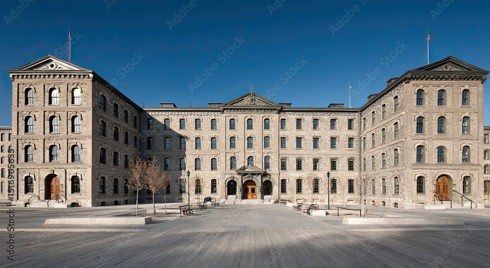 Fototapeta premium Historic Stone Building With American Flags Under Clear Blue Sky, Showcasing Architectural Heritage and Urban Revitalization