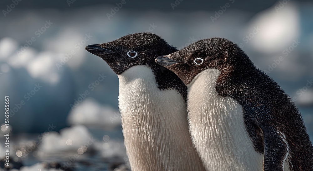 Naklejka premium Pair of Adelie Penguins Standing Together in Antarctica, Showcasing Wildlife Conservation and Environmental Awareness in the Frozen Landscape