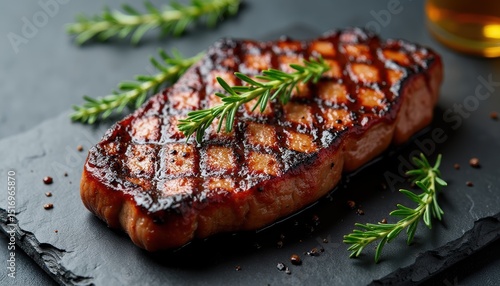 Grilled New York strip on slate gray background with top view shot