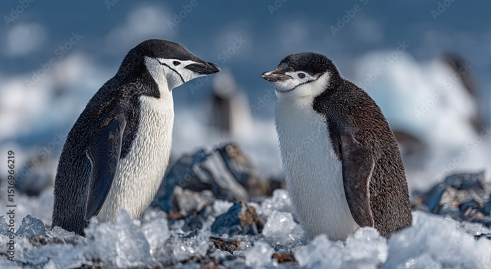 Fototapeta premium Two Chinstrap Penguins Standing on Ice, Representing Wildlife Conservation and Antarctic Tourism, With a Focus on Environmental Awareness and Climate Change
