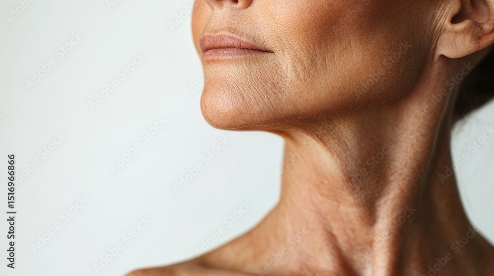 Obraz premium Caucasian mature female with wrinkles and signs of aging on neck and skin. Menopause