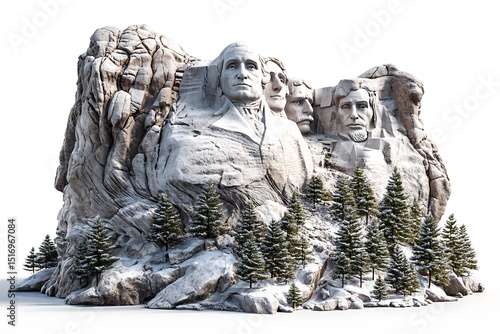 Mount Rushmore (USA) 3D clipart, realistic and isolated on a white background, bringing out the monumental presence of the sculpture.