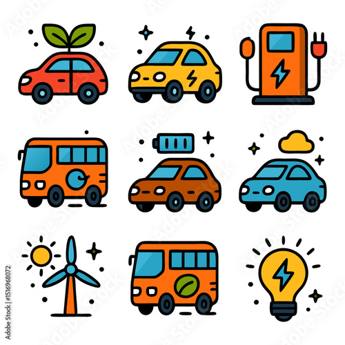Collection of colorful eco-friendly transportation and energy icons including electric cars, buses, charging stations, and wind power. Ecology concept
