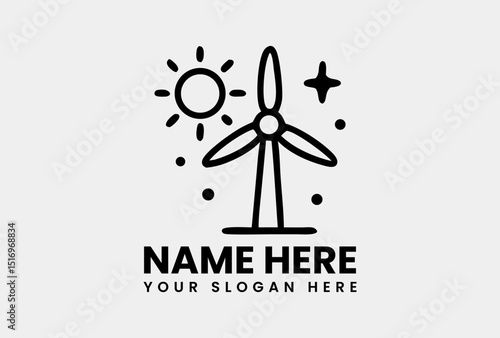 Modern minimalist wind turbine outline symbol with sun and stars for clean energy company branding. Renewable energy concept