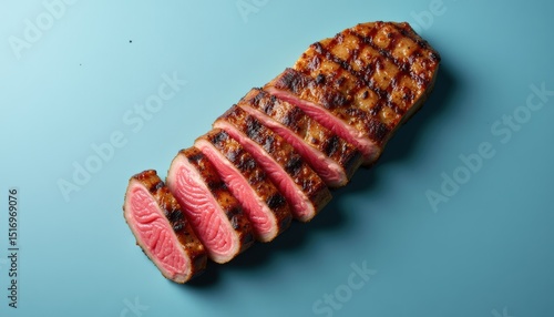 Pan-seared strip loin on powder blue background with top view shot
