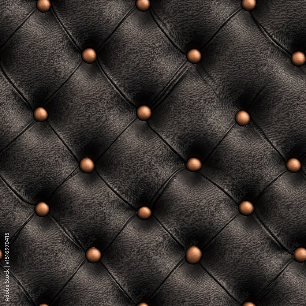 Naklejka premium Luxurious dark brown, almost black, texture of stitched faux leather with a classic quilted pattern and raised metal buttons. This seamless background is perfect for elegant furniture