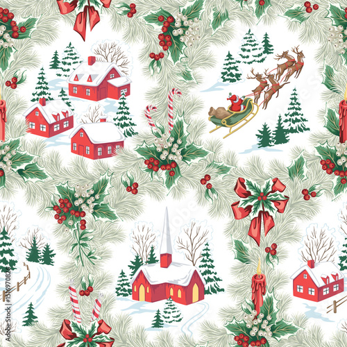 Christmas landscape, Santa Claus with deer, fir tree, church, house in the wreath seamless pattern. Winter village holiday wallpaper.