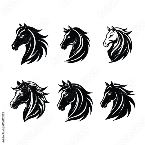 Set of Stylized Black and White Horse Head Vector Illustrations.